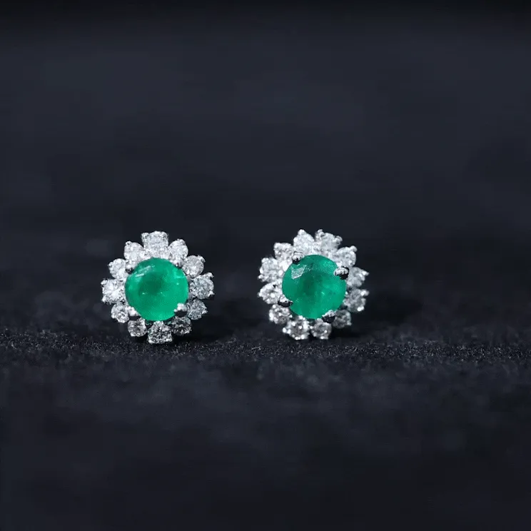 1 CT Classic Emerald Stud Earrings with Diamond Accent