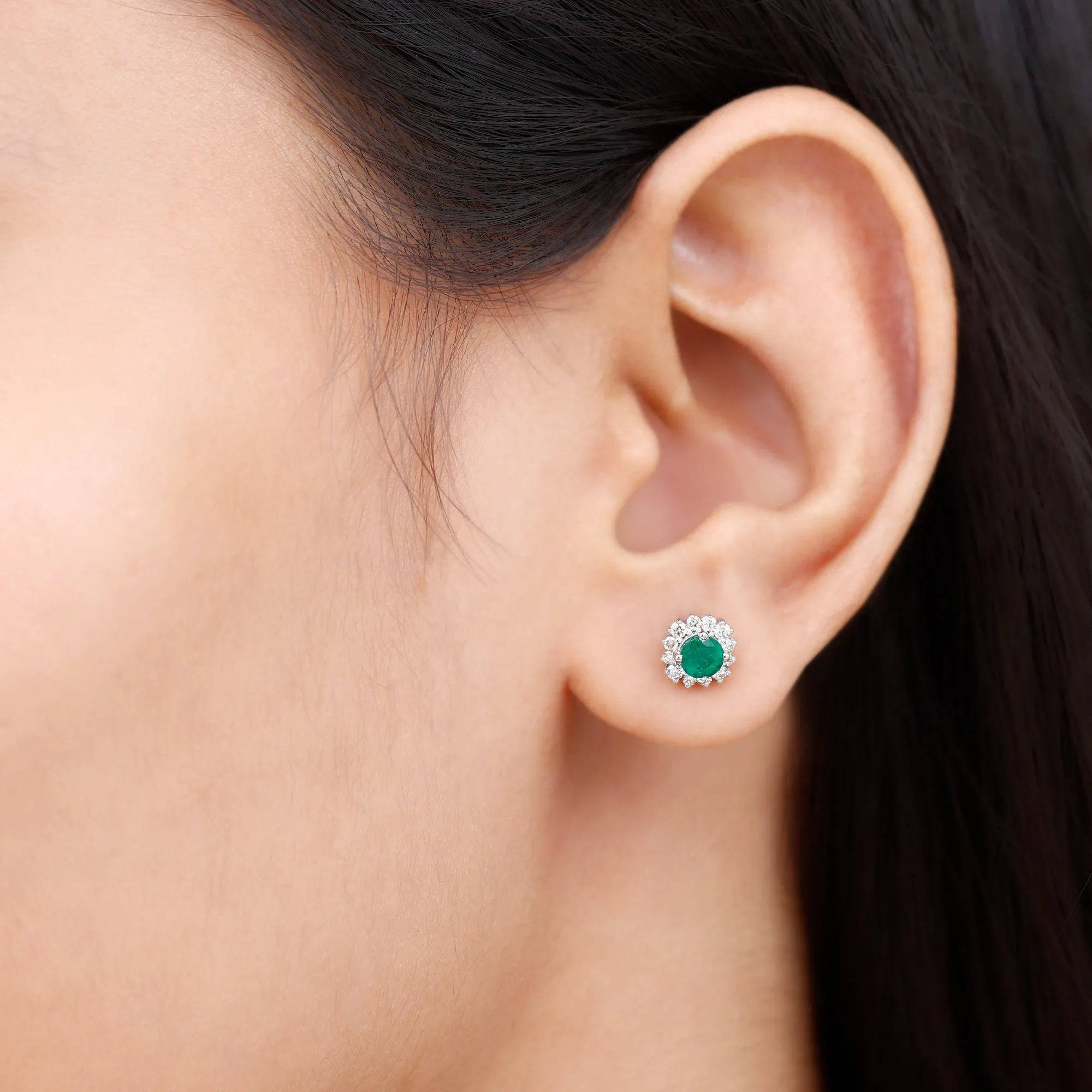 1 CT Classic Emerald Stud Earrings with Diamond Accent