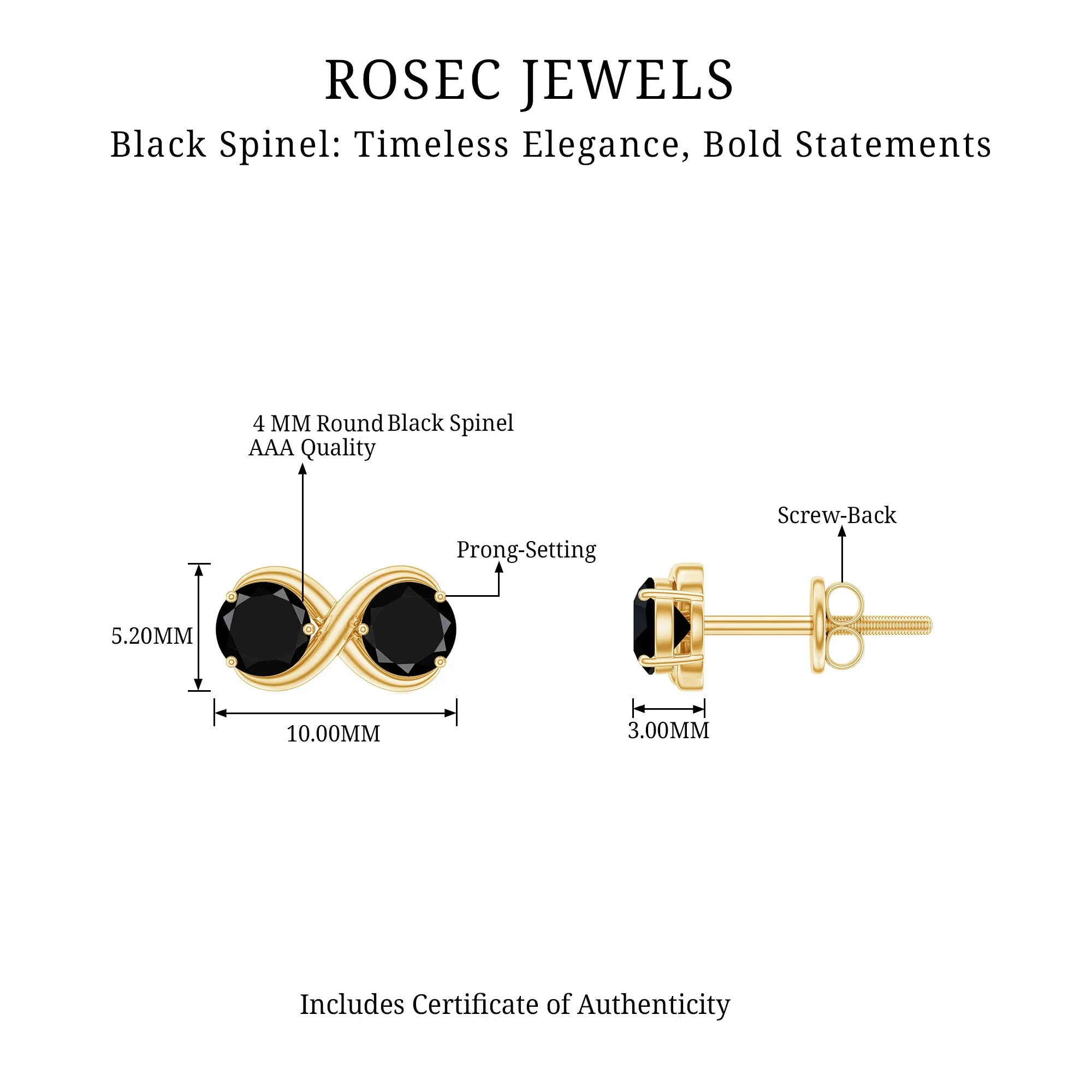 1 CT Simple Black Spinel Two Stone Infinity Stud Earrings