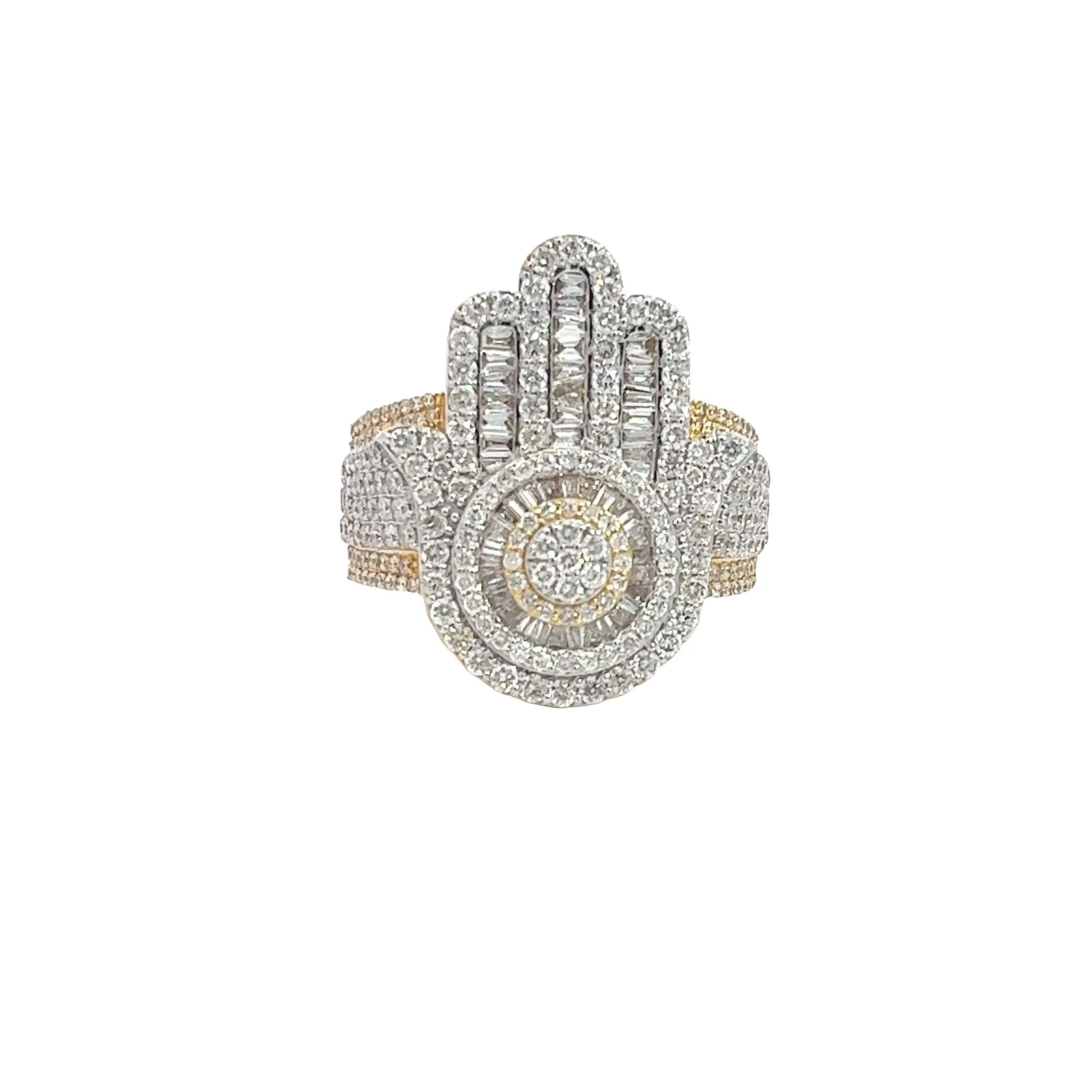 10K GOLD ROUND AND BAGUETTE DIAMOND HAMSA HAND RING 3.22 CT