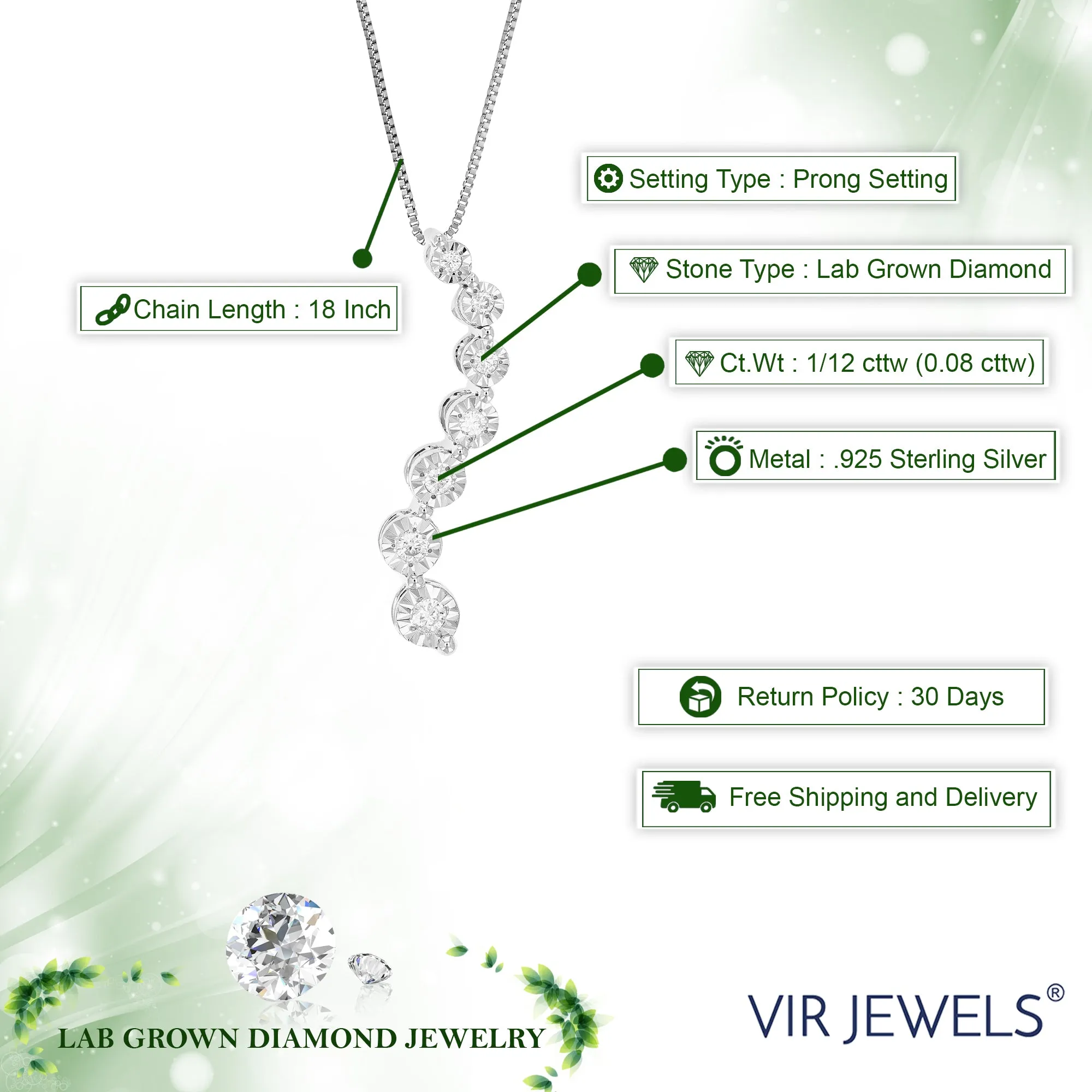 1/12 cttw Round Cut 7 Stones Lab Grown Diamond Drop Pendant Necklace .925 Sterling Silver 1/10 Inch With 18 Inch Chain