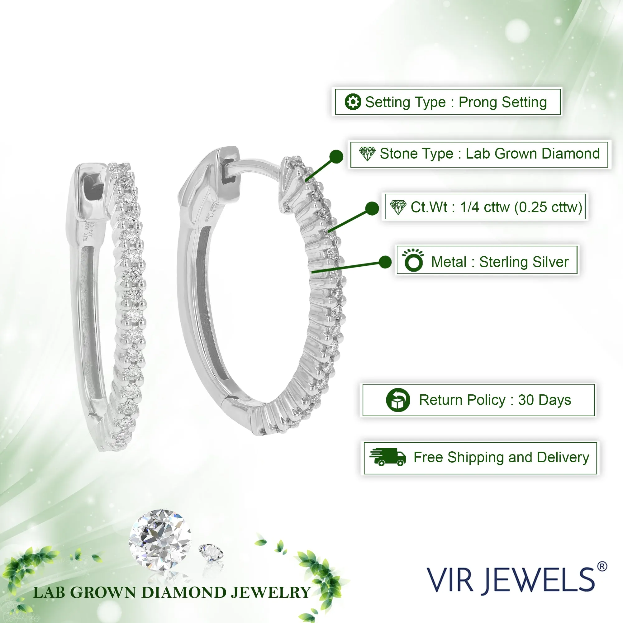 1/4 cttw Round Lab Grown Diamond Hoop Earrings .925 Sterling Silver Prong Set Size 3/4 Inch