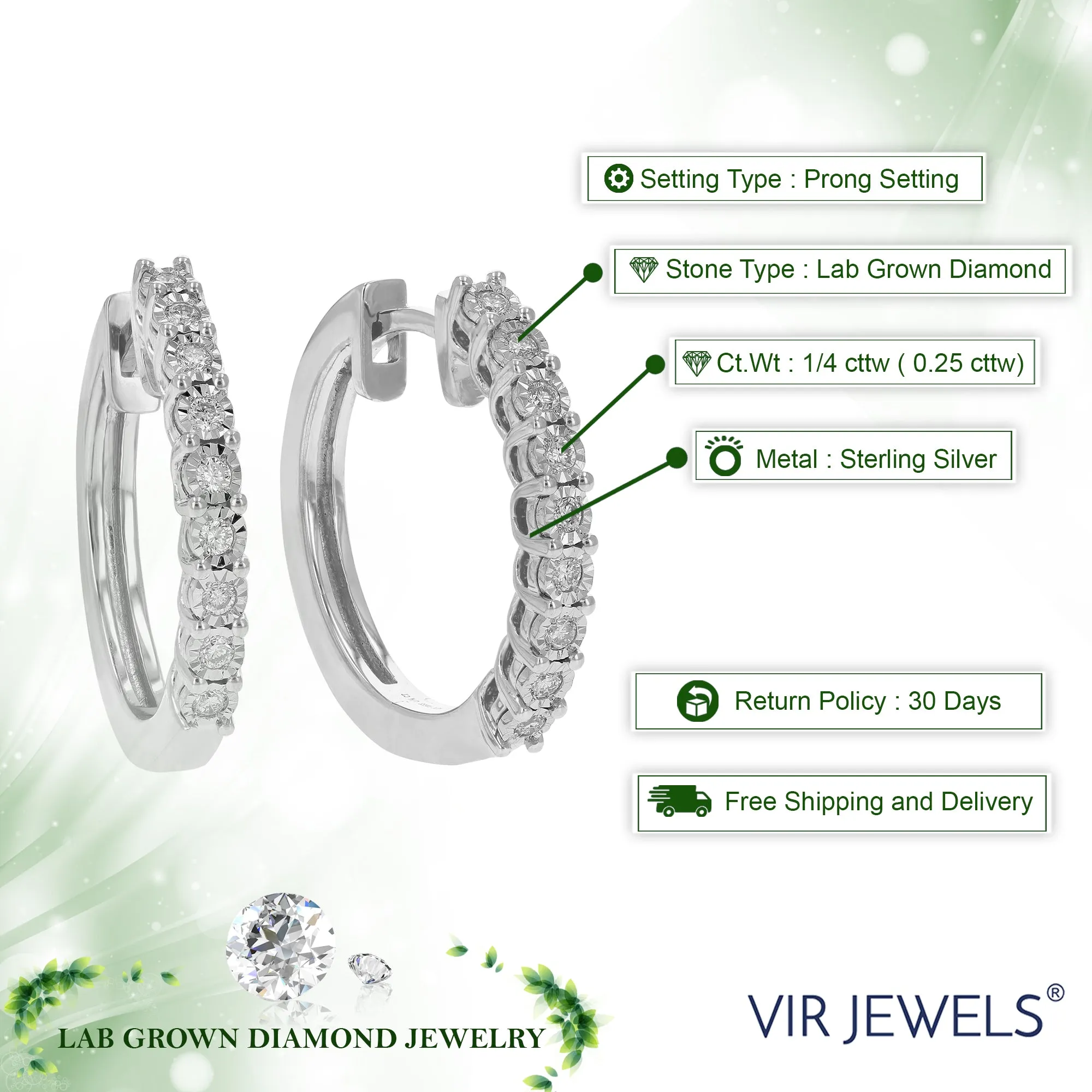 1/4 cttw Round Lab Grown Diamond Hoop Earrings in .925 Sterling Silver Prong Set 2/3 Inch