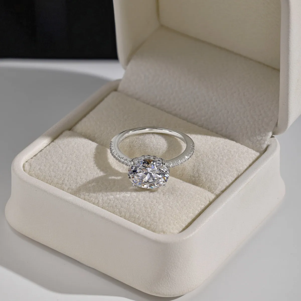 2.5 Carat Oval Cut East West Hidden Halo Engagement Ring