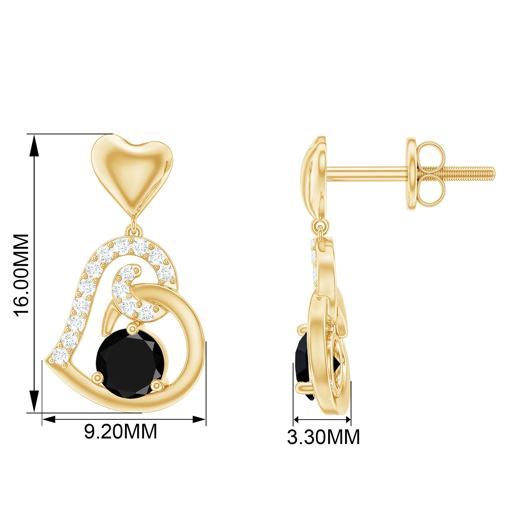 3/4 CT Black Onyx and Diamond Heart Drop Earring