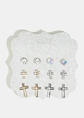 6-Pair Gemstone & Cross Stud Earrings