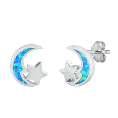 925 Sterling Silver Moon & Star Earrings With Opal Inlay - Tarnish Free