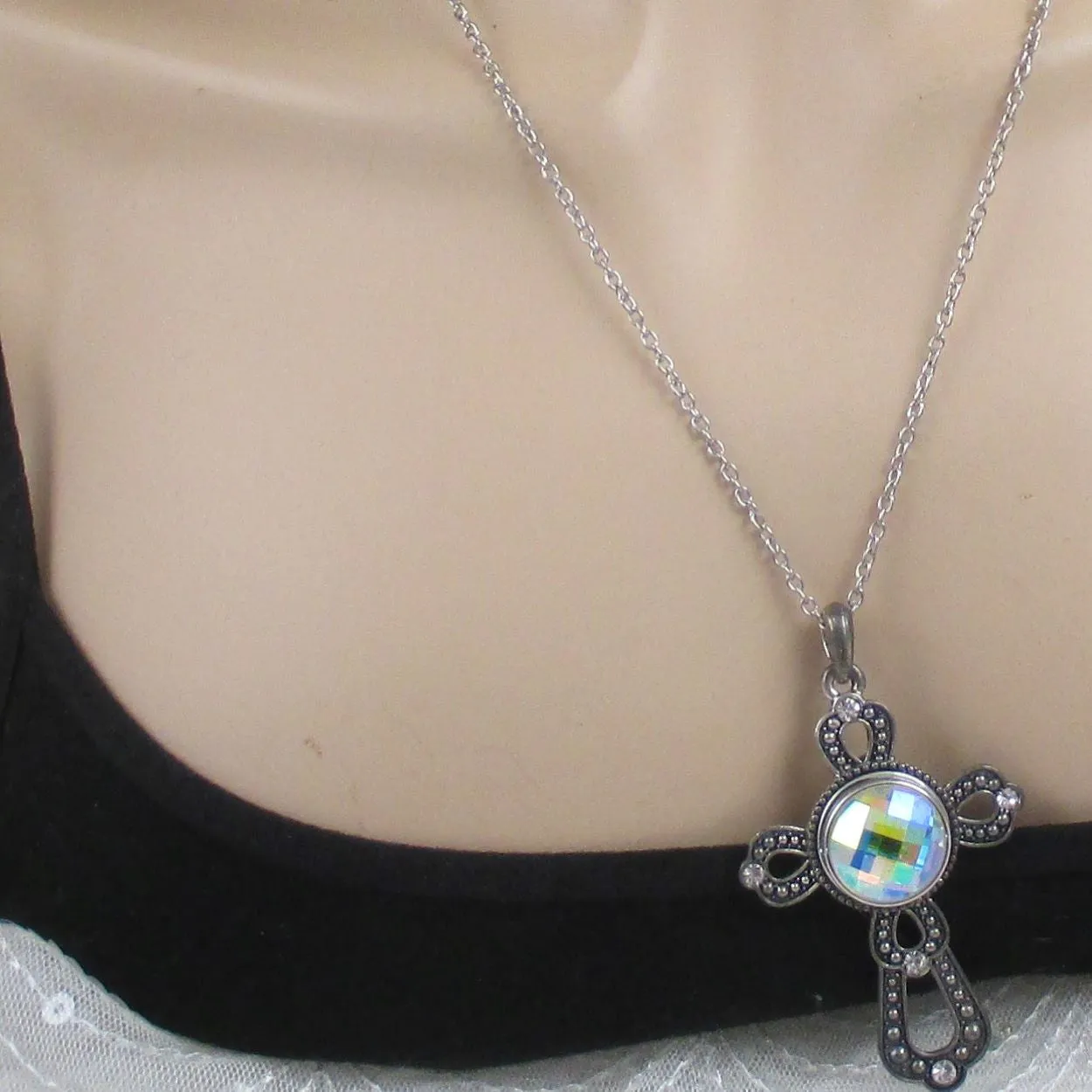 A/B Crystal  & Silver Cross Pendant Necklace