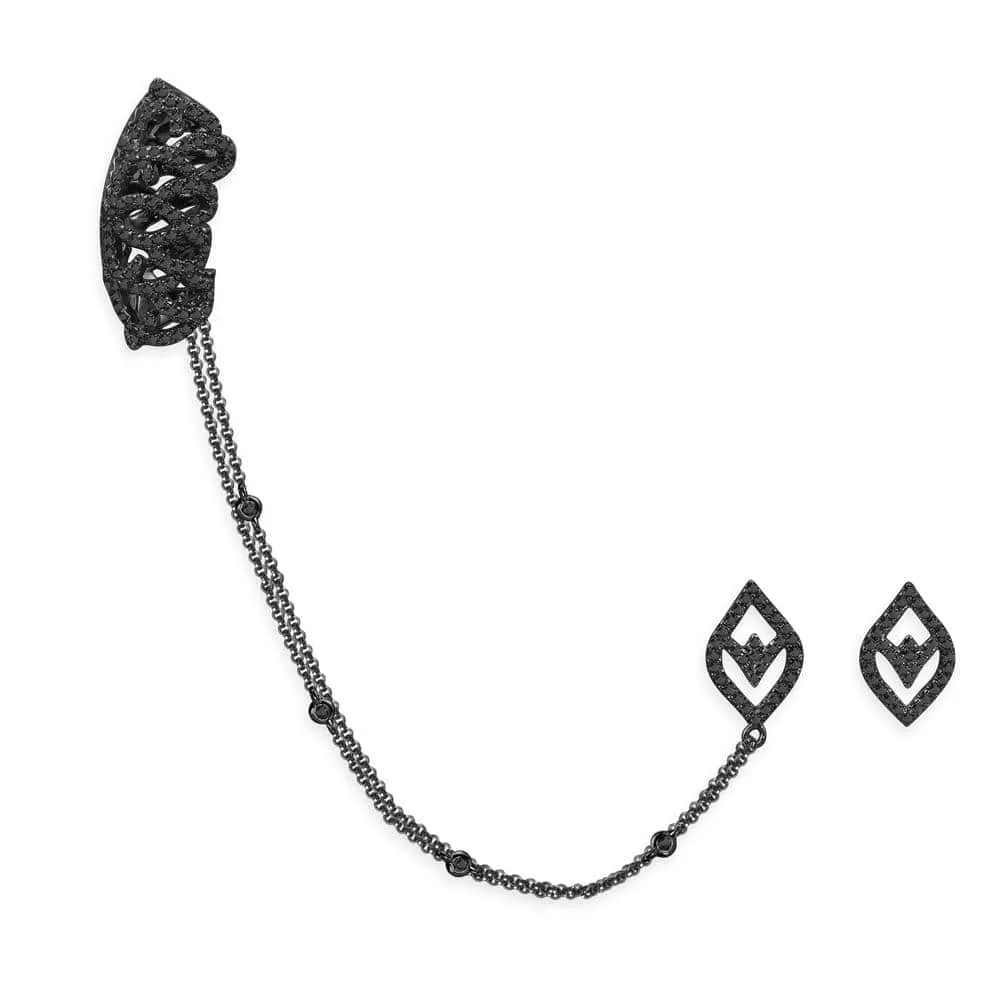 Arabesque Ear Cuff Chain With Studs - Dark Grey Silver