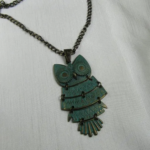 Big Patina Hoot Owl Pendant on  Antique Gold Chain Necklace