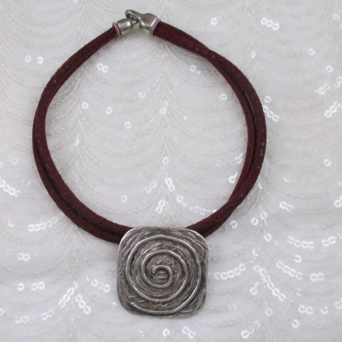 Big Silver Pendant on Maroon Cotton Cord Necklace Statement Pendant