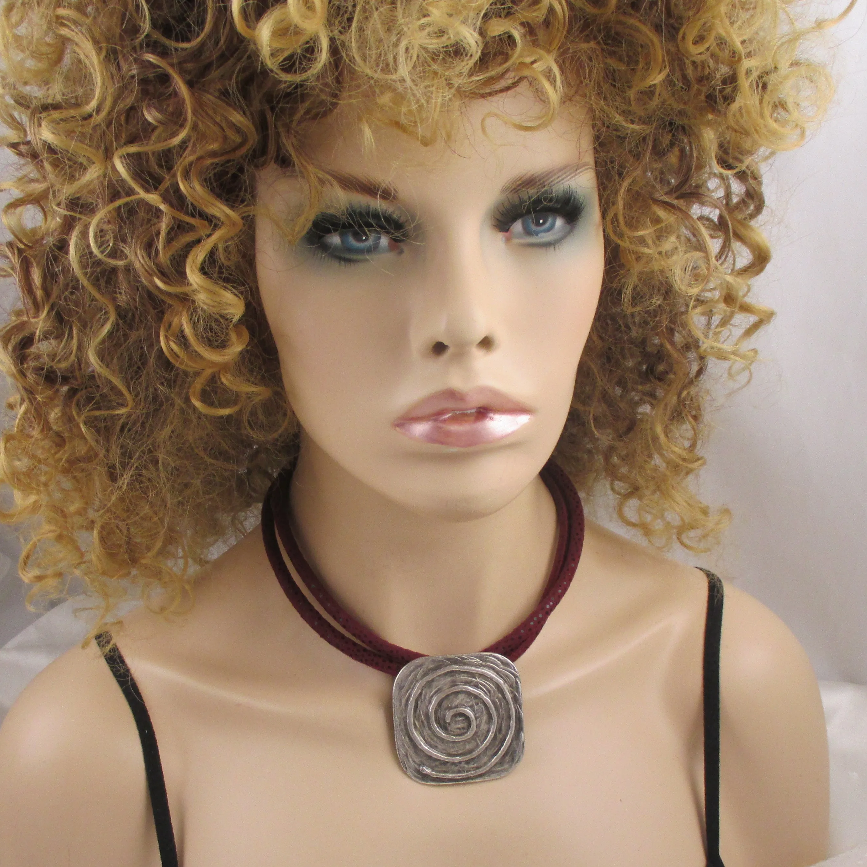 Big Silver Pendant on Maroon Cotton Cord Necklace Statement Pendant