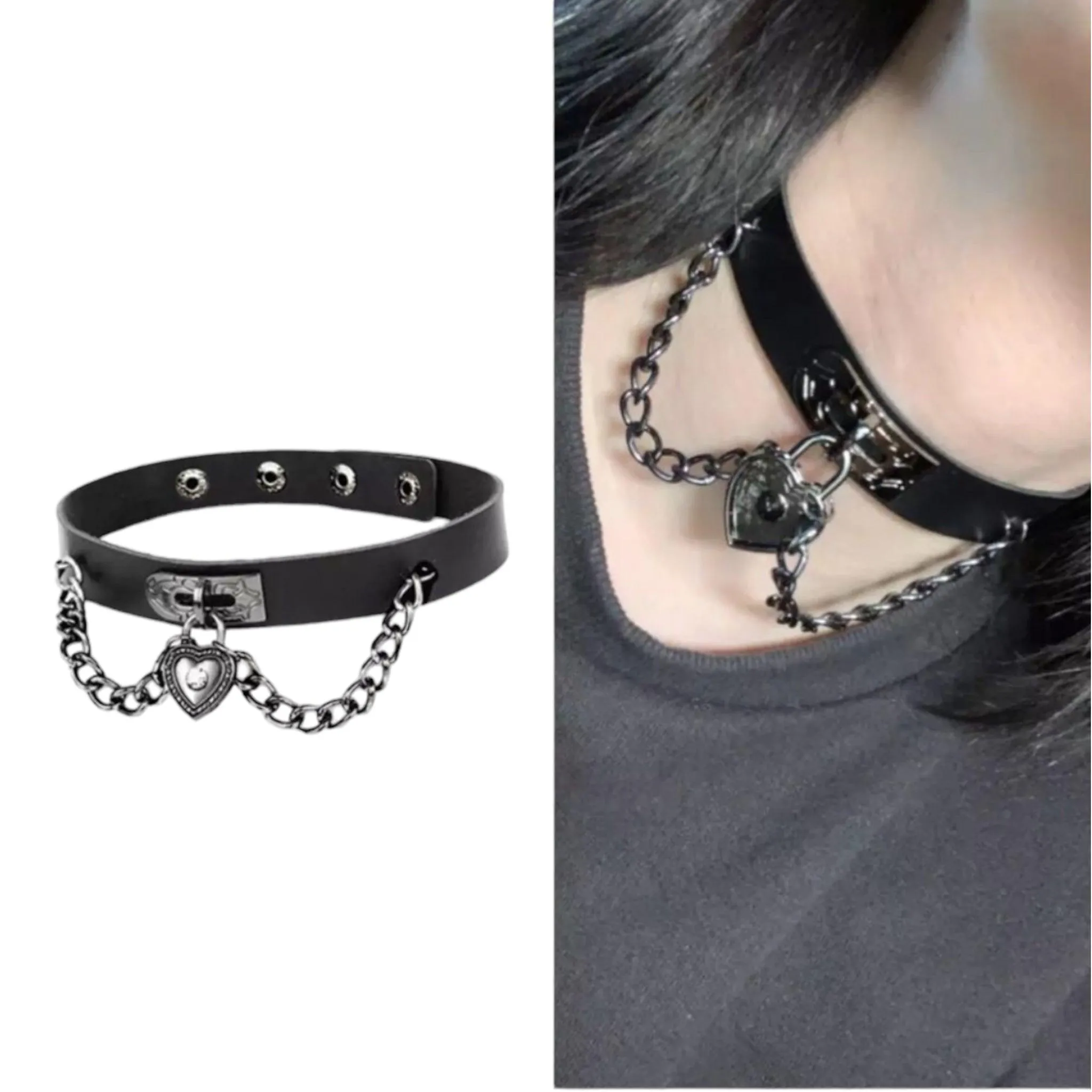 Black Victorian Chain Heart Choker Necklaces