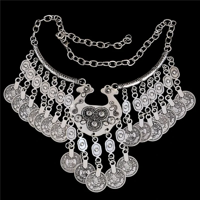 Bohemian Vintage Chunky maxi Statement Necklaces for Women Exaggerated Silver Coin Choker Necklaces & Pendants