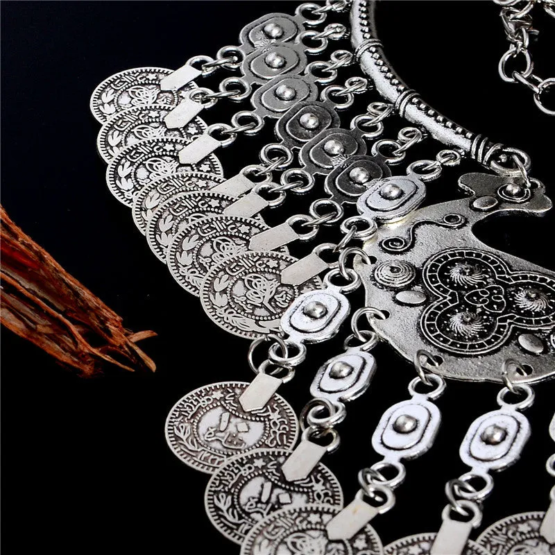 Bohemian Vintage Chunky maxi Statement Necklaces for Women Exaggerated Silver Coin Choker Necklaces & Pendants