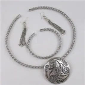 Bold Silver Pendant  On Choker, Bracelet & Earrings Jewelry Set