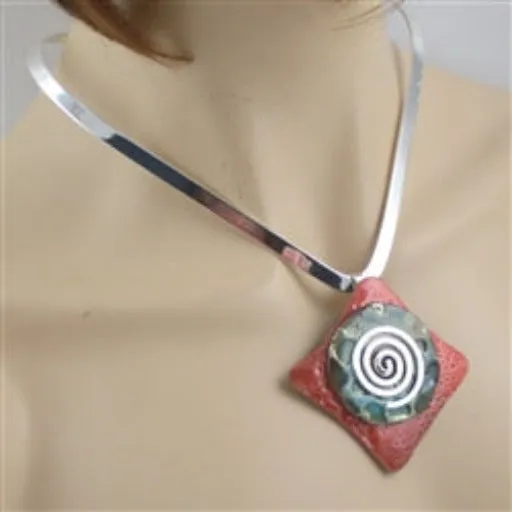 Choker Handmade Red & Aqua Pendant  Spiral Bail Silver Neck Wire