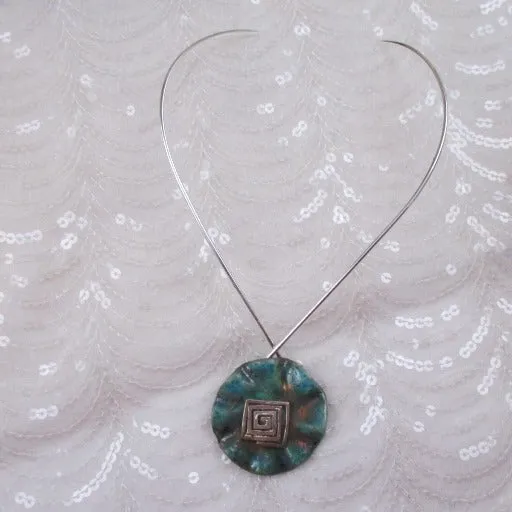 Choker with Bold Handmade Turqoise Copper Round  Pendant Raku Glazed