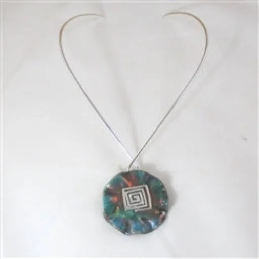 Choker with Bold Handmade Turqoise Copper Round  Pendant Raku Glazed