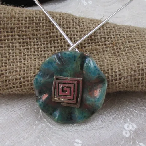 Choker with Bold Handmade Turqoise Copper Round  Pendant Raku Glazed