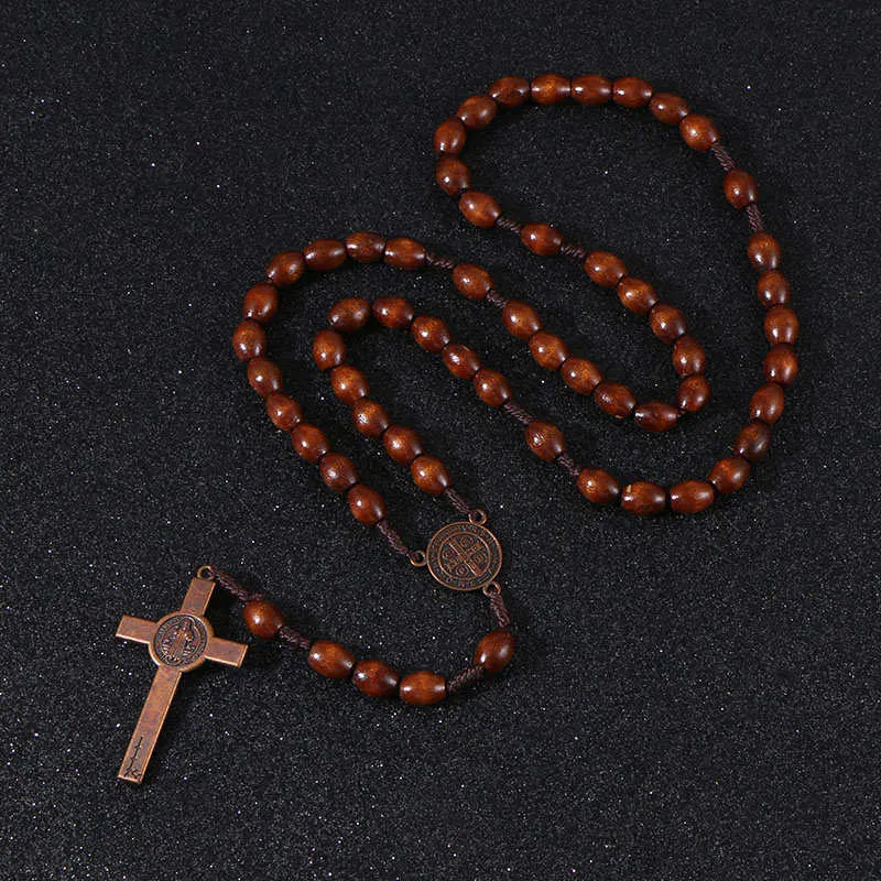 Christ Jesus Wooden Beads 8mm Rosary Bead Cross Pendant Woven Rope Chain Necklace Religious Orthodox Praying