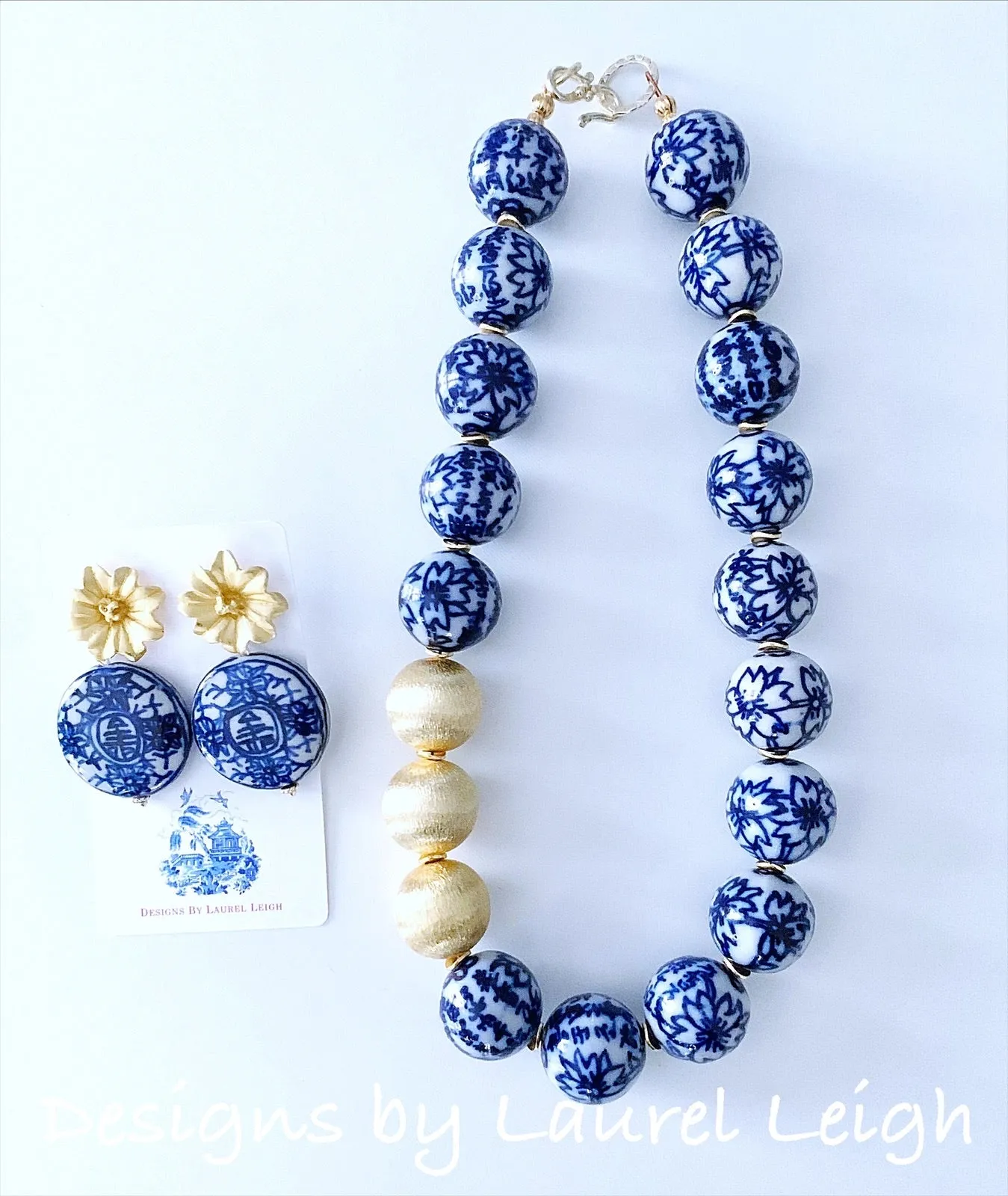 Chunky Blue & White Floral Chinoiserie Necklace