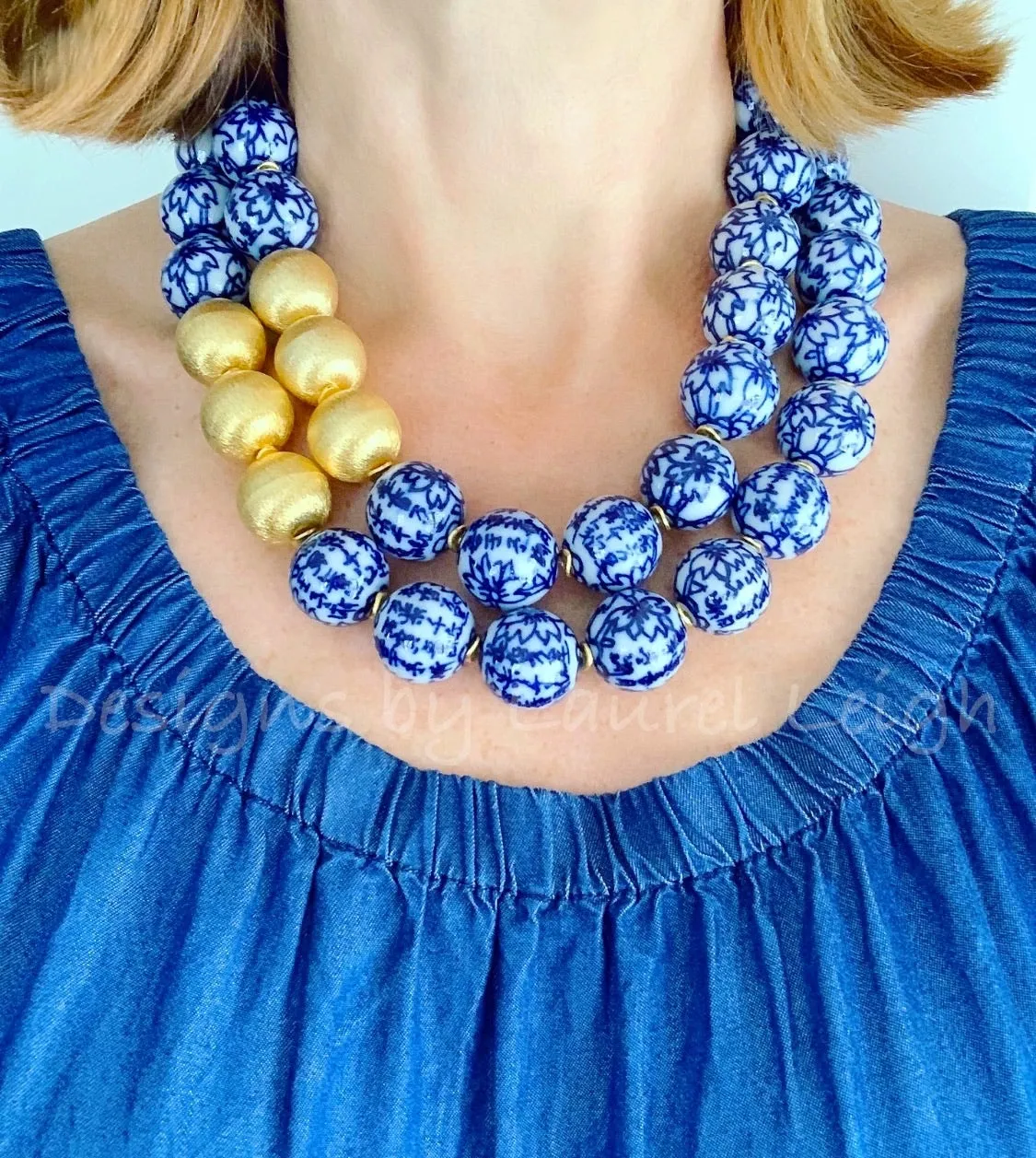 Chunky Blue & White Floral Chinoiserie Necklace