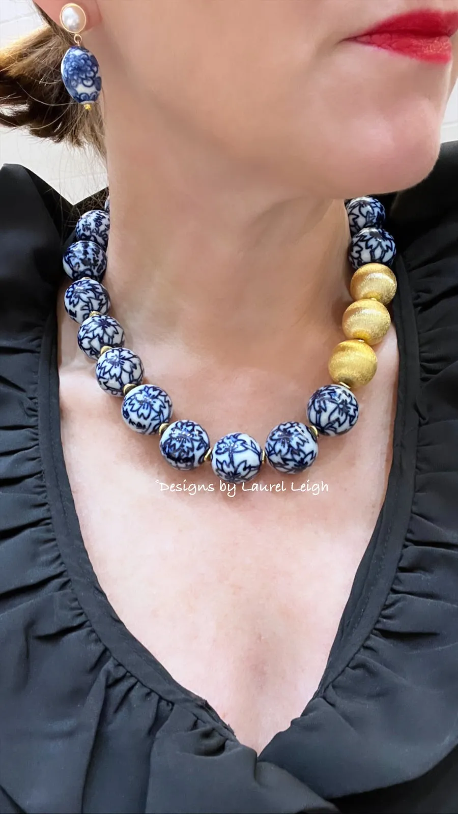 Chunky Blue & White Floral Chinoiserie Necklace