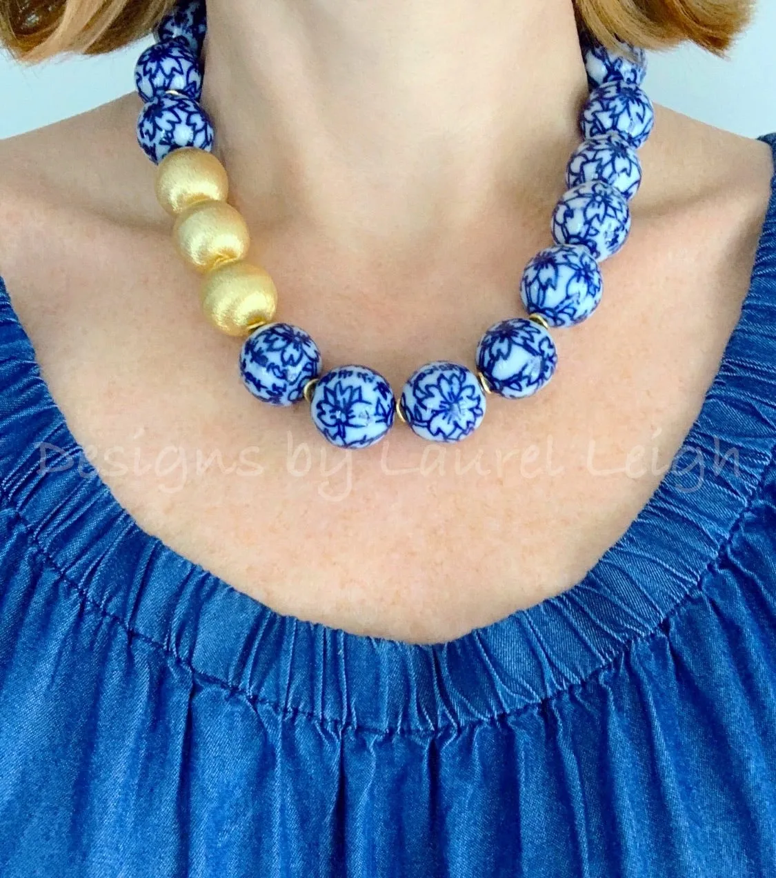 Chunky Blue & White Floral Chinoiserie Necklace