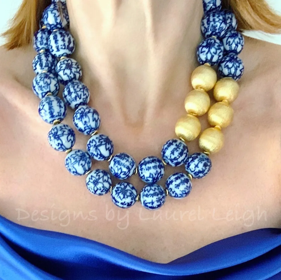 Chunky Blue & White Floral Chinoiserie Necklace