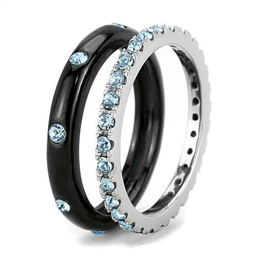 CJE3233 Wholesale Women's Stainless Steel Two-Tone IP Black Top Grade Crystal Sea Blue Stackable Ring