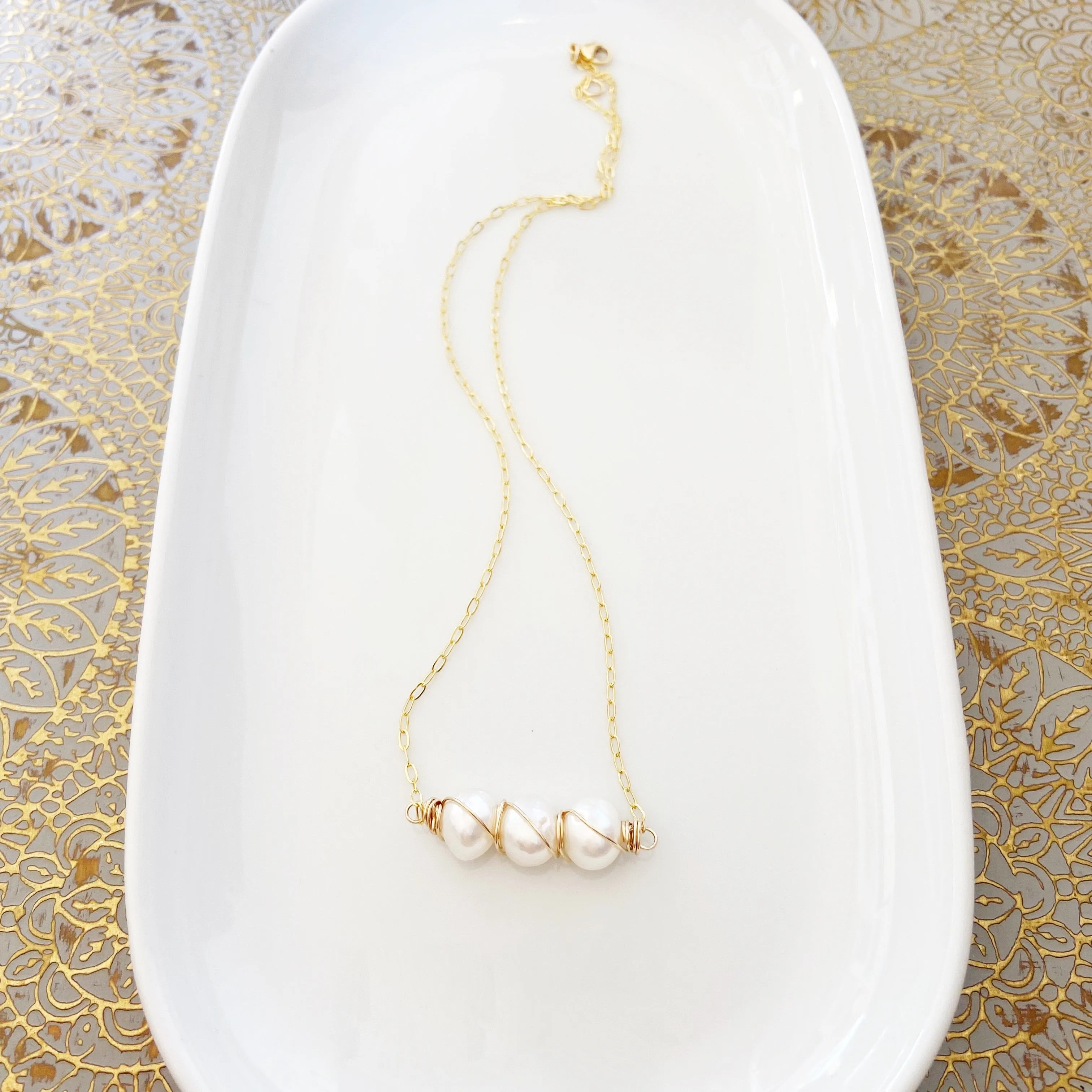 Clarity - Wire Wrapped Pearl Necklace in Gold (17 inches).