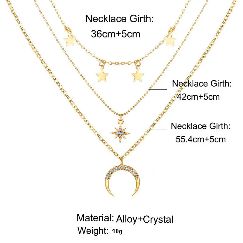 Clavicle Punk Golden Multilayer Moon Star Boho Crystal Women's Necklake