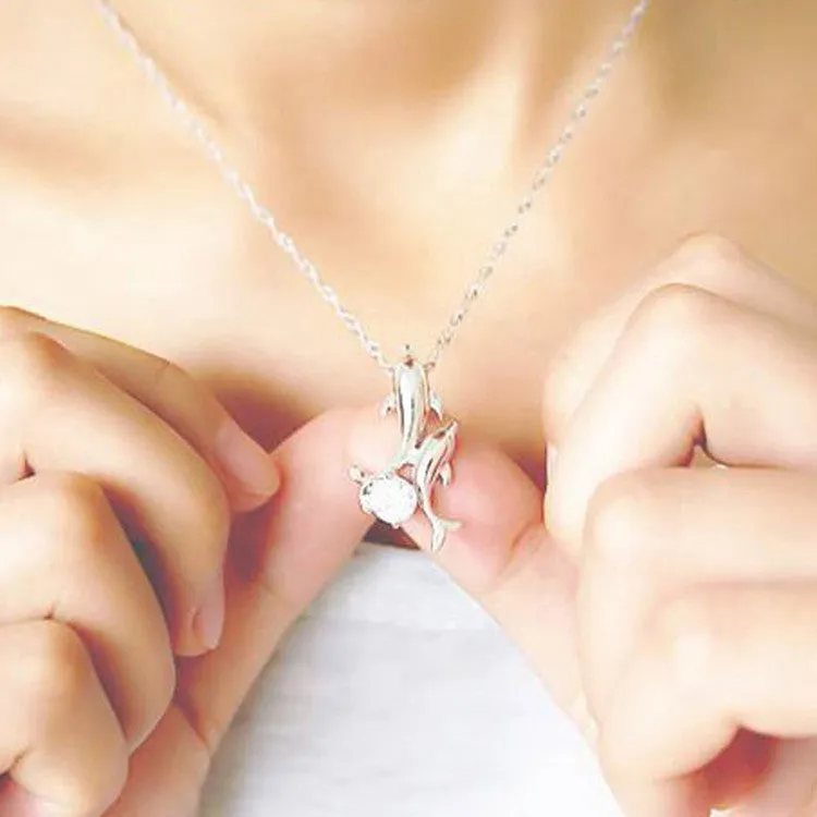 Cute Silver Plated Double Dolphin Rhinestone Short Chain Pendant Necklace Women Fashion Jewelry