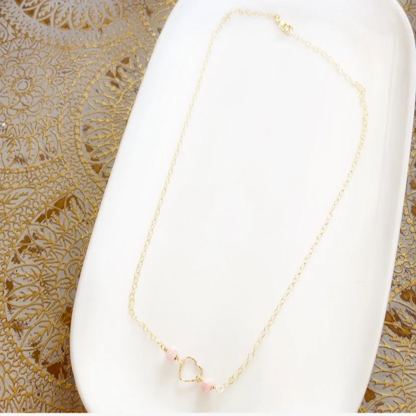 Delicate Pink Rhodochrosite Heart Necklace in Gold or Silver (16.5 inches)