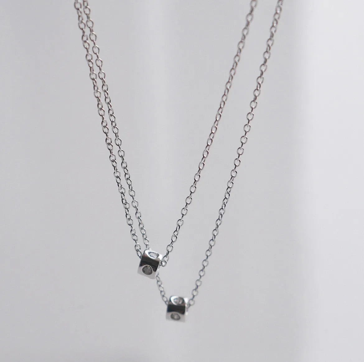 Double Barrel Layered Necklace Diamond CZ 925 Sterling Silver Dainty Women's Jewelry