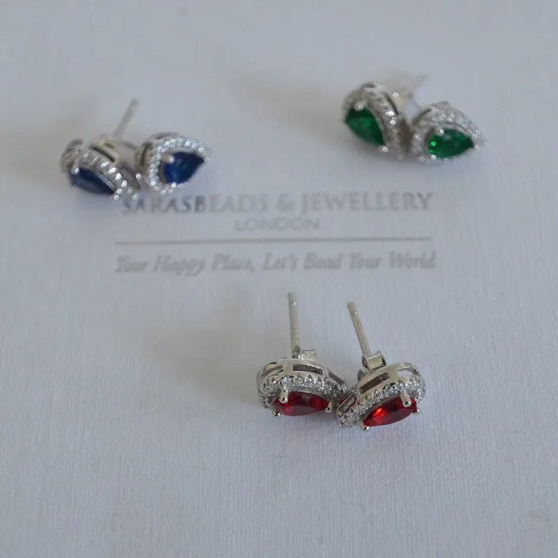 Elegant Sterling Silver Tear Drop Studs with Semi-Precious Stones