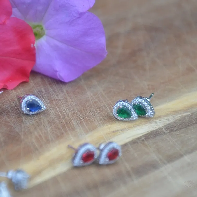 Elegant Sterling Silver Tear Drop Studs with Semi-Precious Stones