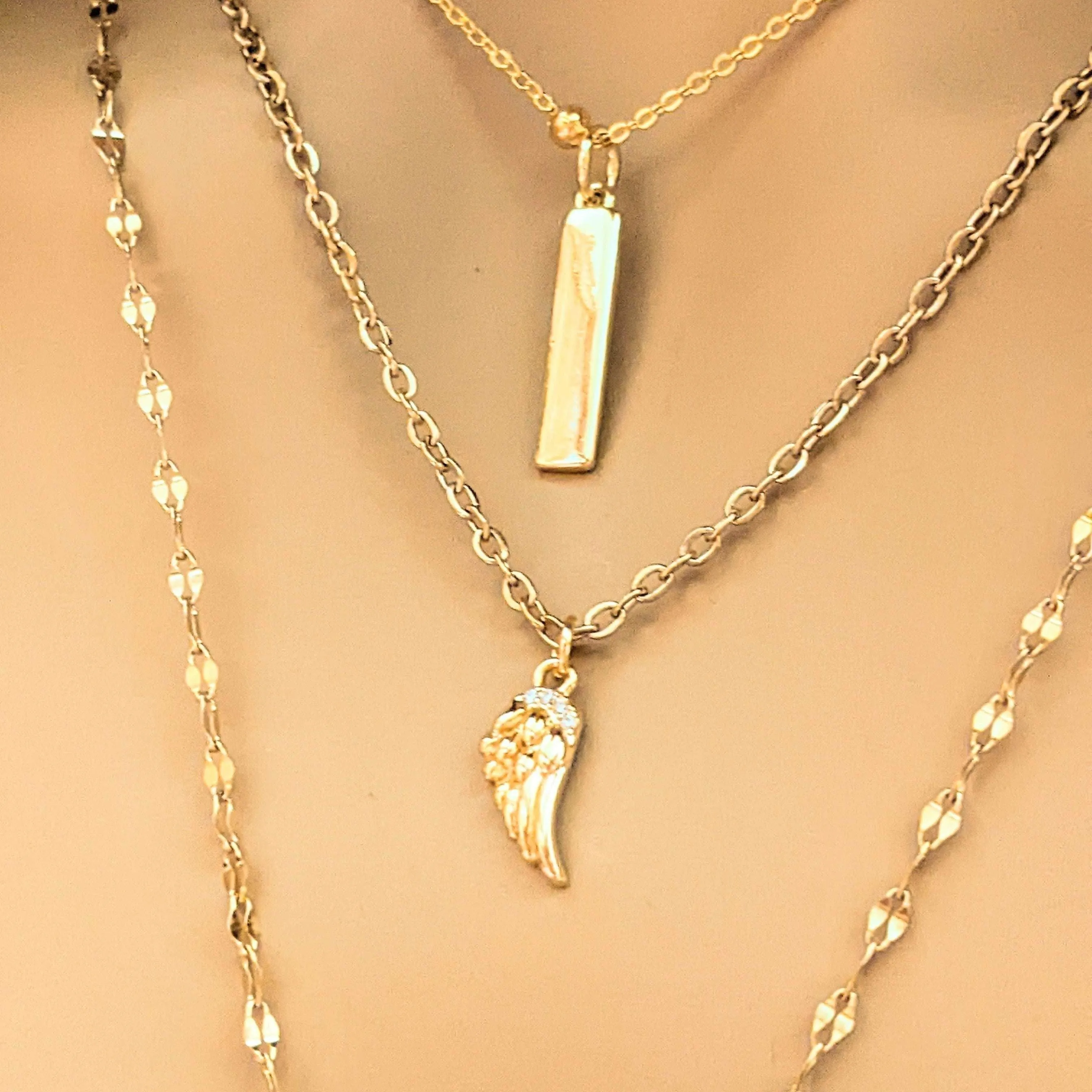 Gold Angel Wing & Cross Layered Necklace Set