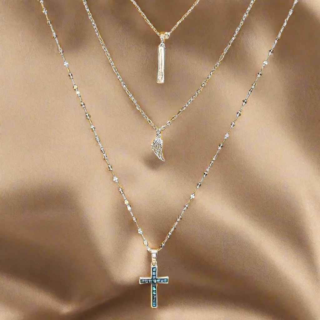 Gold Angel Wing & Cross Layered Necklace Set