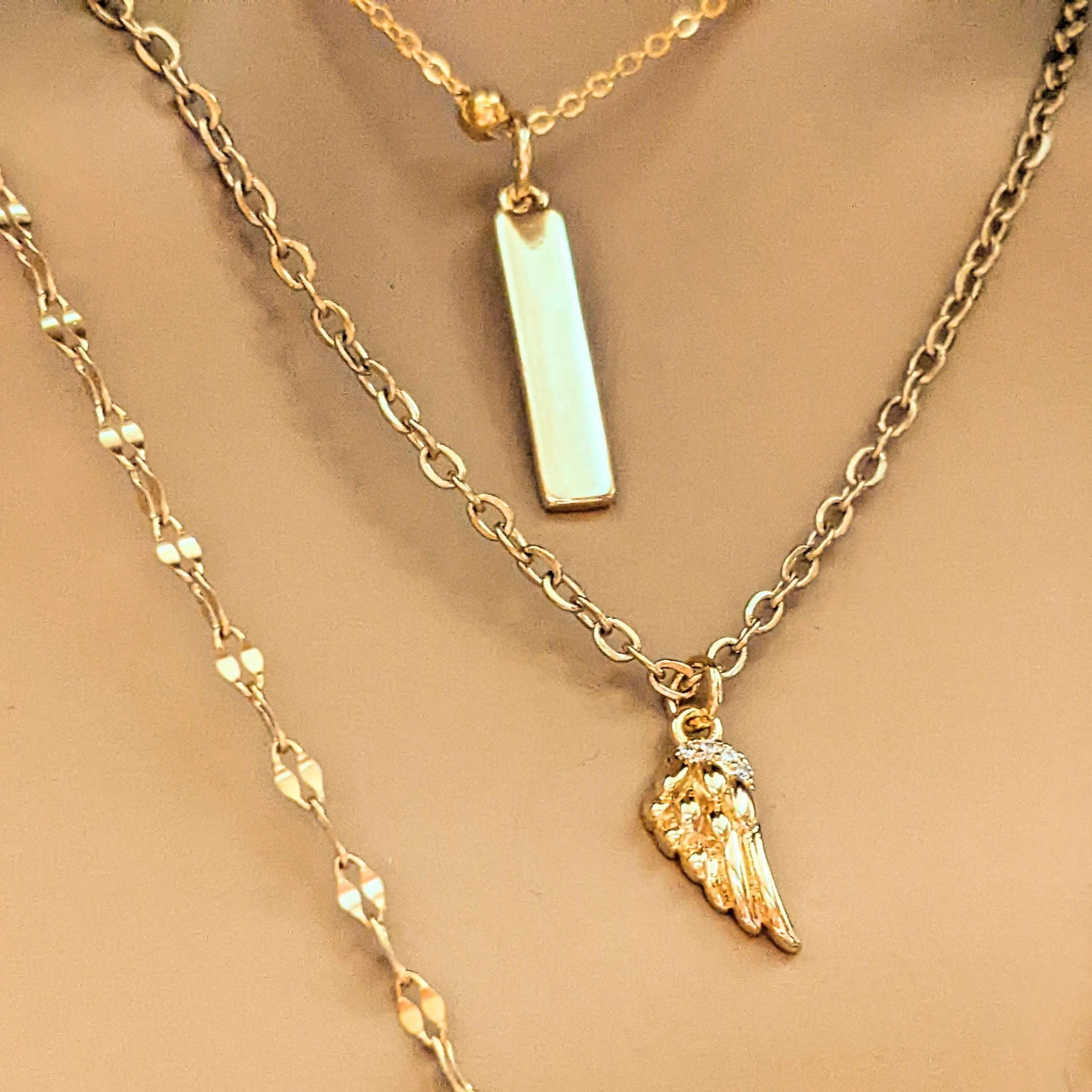 Gold Angel Wing & Cross Layered Necklace Set