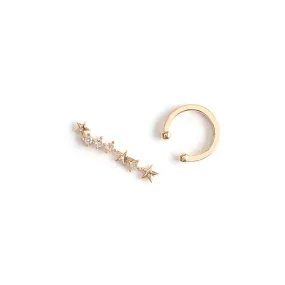 Gold Ear Cuff And Crystal Stars Single Ear Climber Set