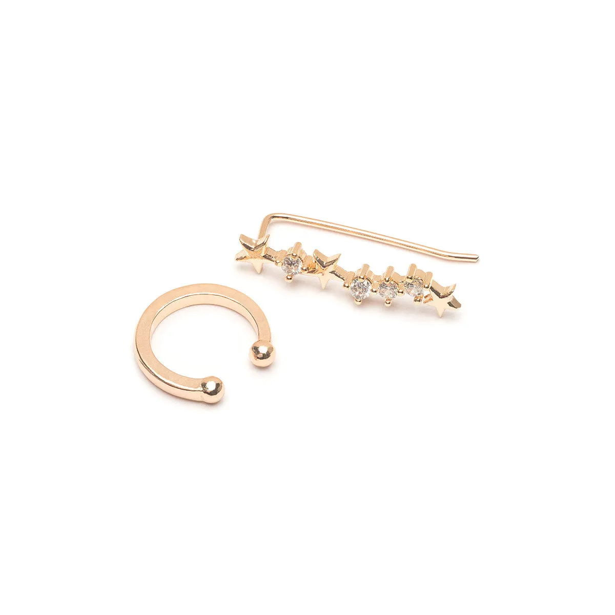 Gold Ear Cuff And Crystal Stars Single Ear Climber Set