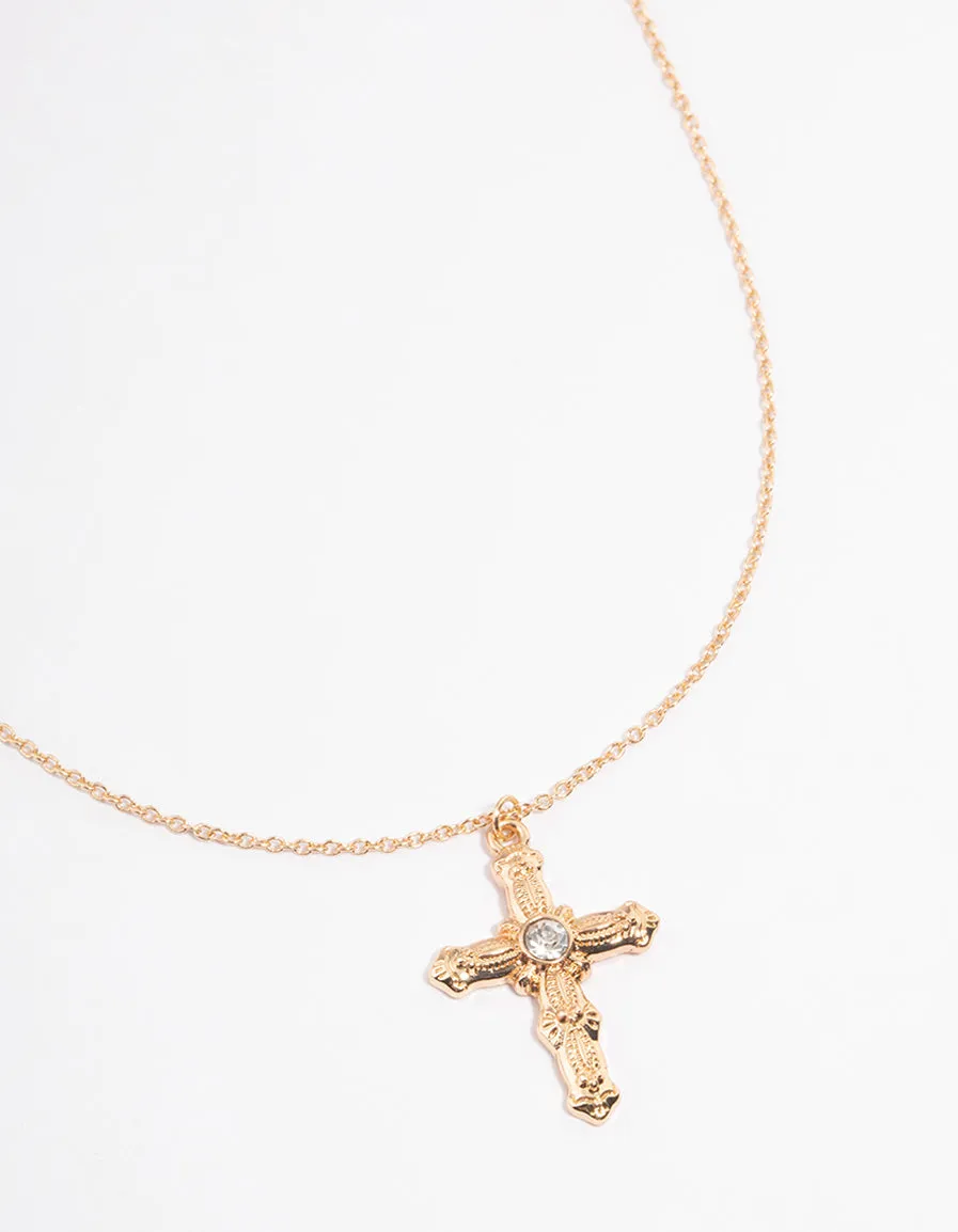 Gold Ornate Diamante Cross Necklace