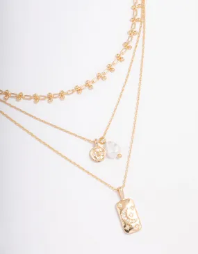 Gold Triple Layered Pearl Pendant Necklace