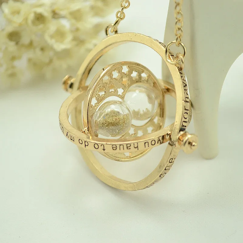 Harry Potter Time Turner Necklace Rotating Spins Gold Hourglass