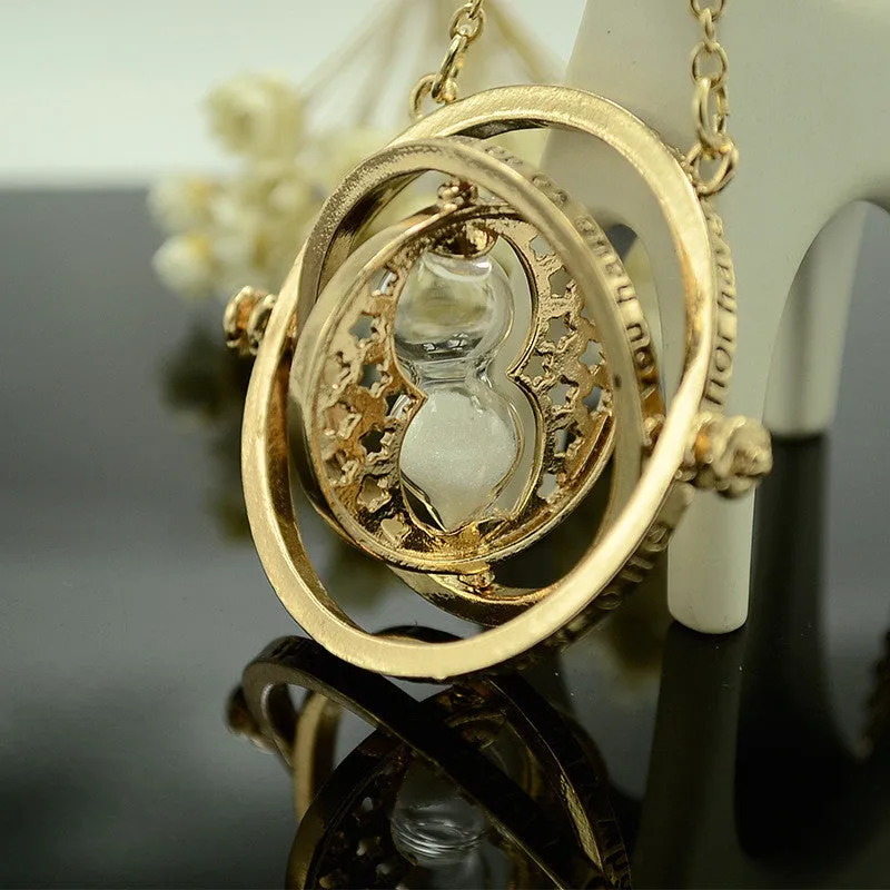 Harry Potter Time Turner Necklace Rotating Spins Gold Hourglass