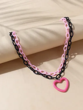 Heart Charm Pink and Black Chain  Layered Necklace for Women Jewelry for Women