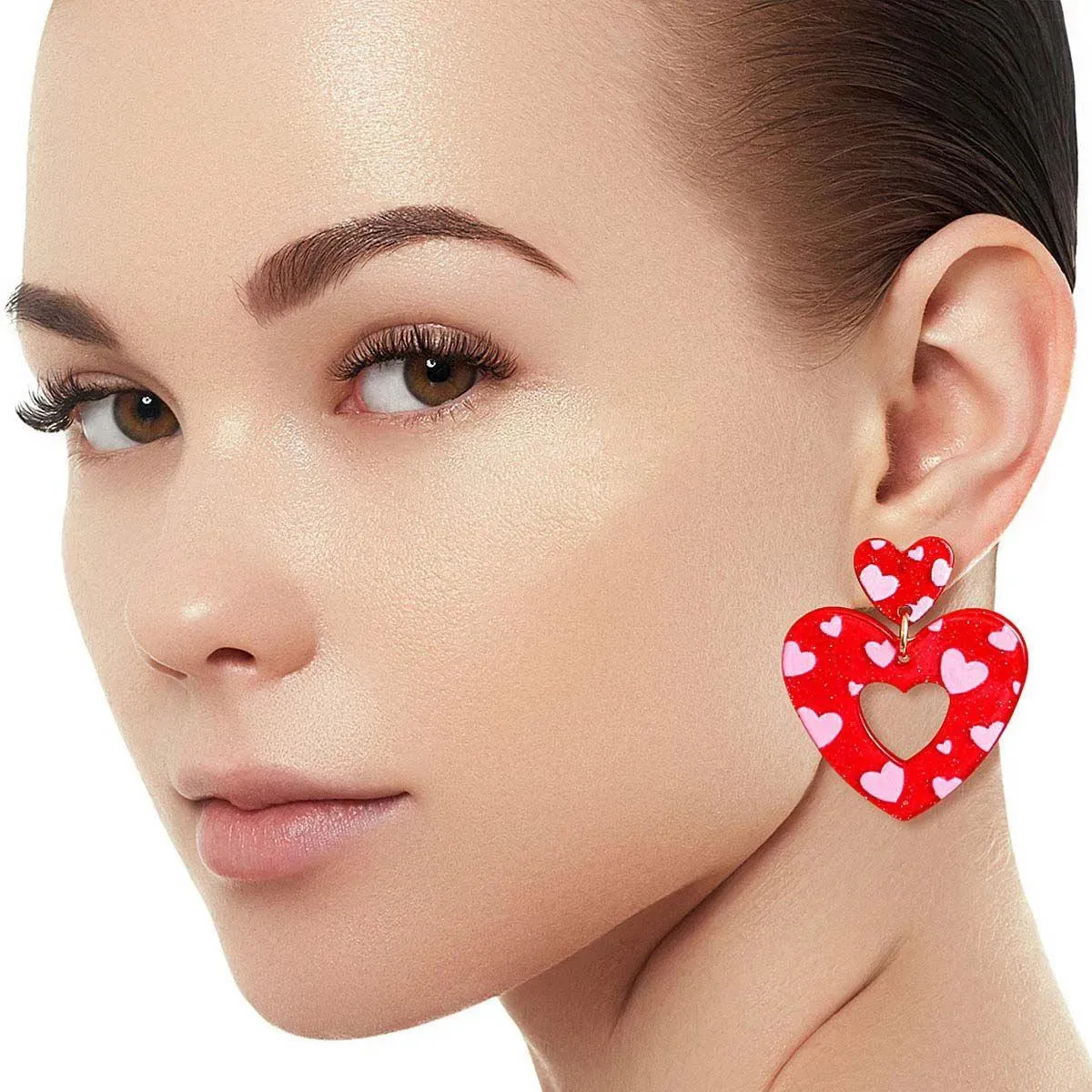 Heart Stud Earrings with Dangling Red and Pink Open-heart