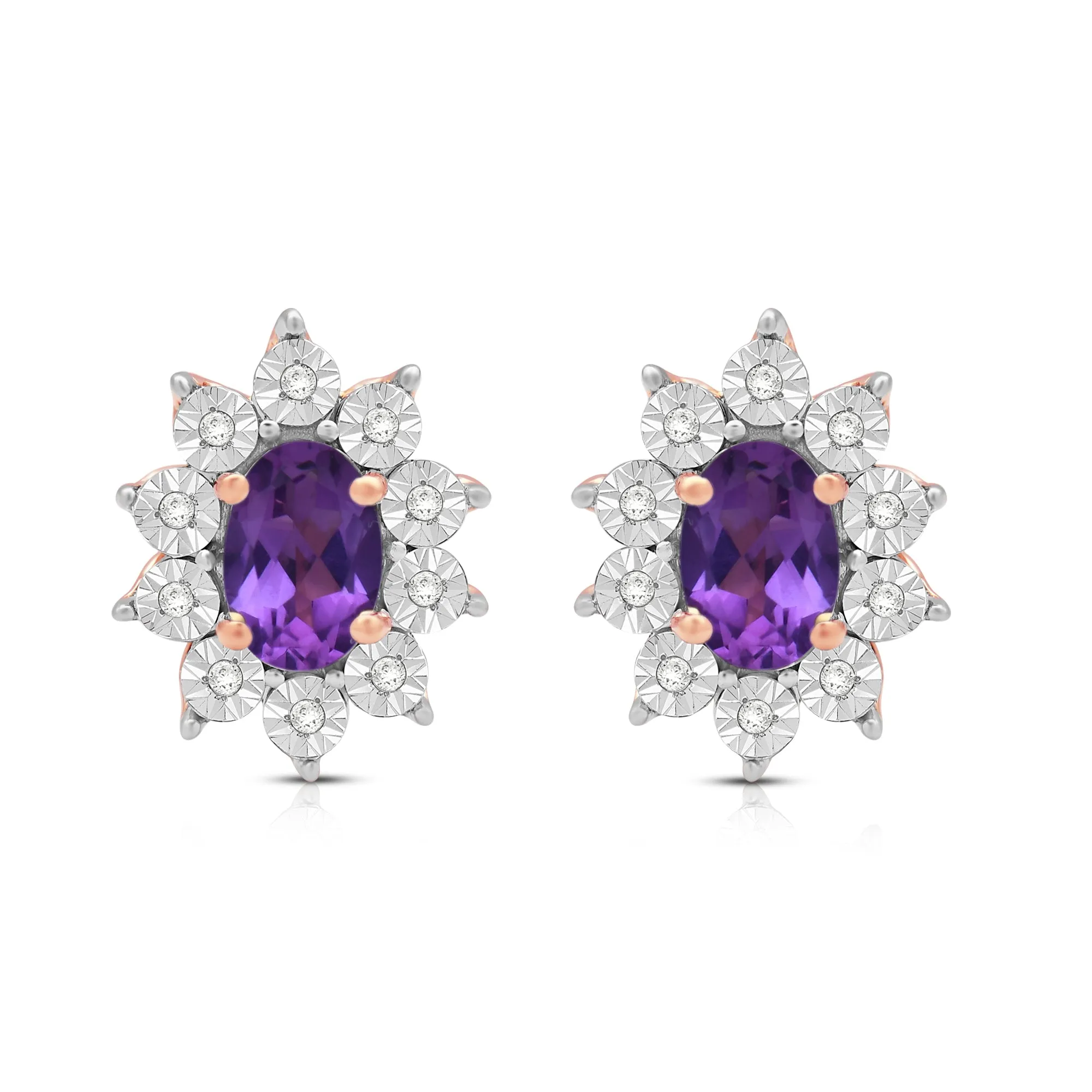 Jewelili 14K Rose Gold Over Sterling Sliver Oval Created Amethyst and 1/20 CTTW Natural White Round Diamond Cluster Stud Earrings